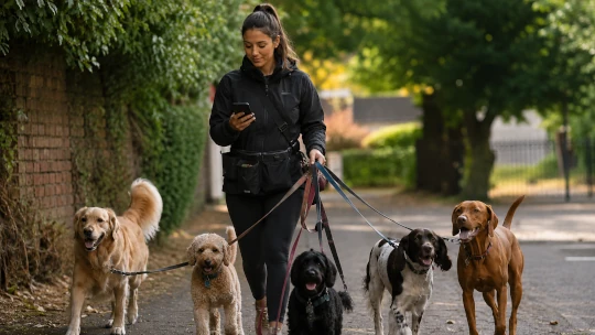 Calm dog walker checking their schedule on their phone during a walk