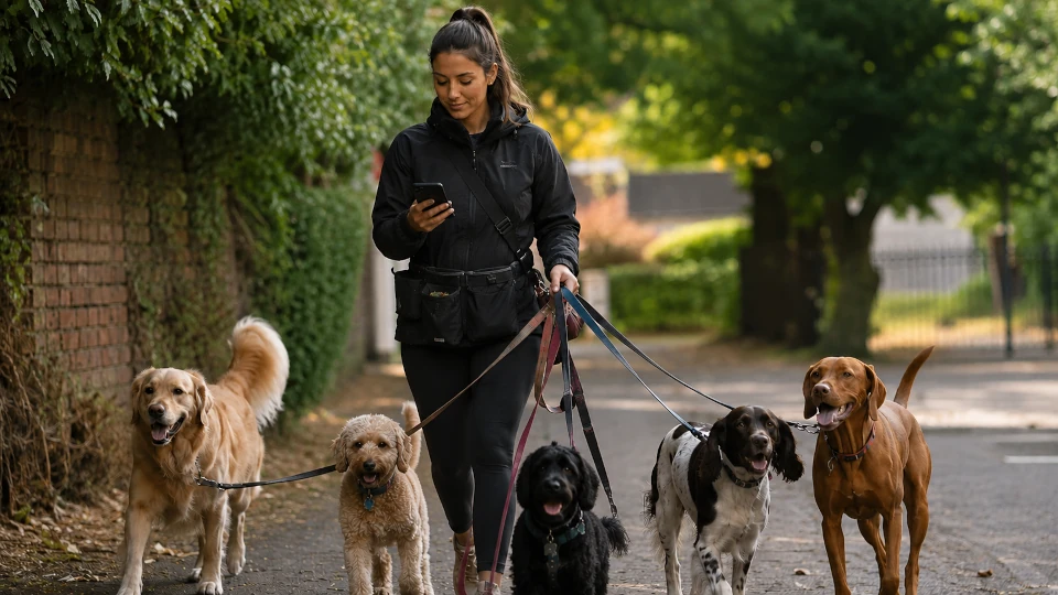 Calm dog walker checking their schedule on their phone during a walk