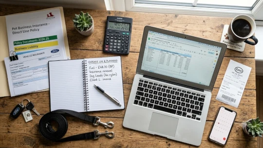 Desk scene showing insurance, paperwork, and scheduling for a professional dog walking business