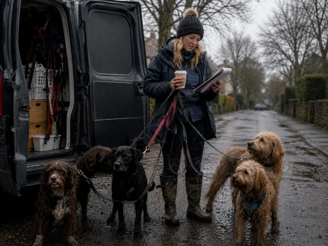 Disorganised dog walker checking their diary after a muddy walk