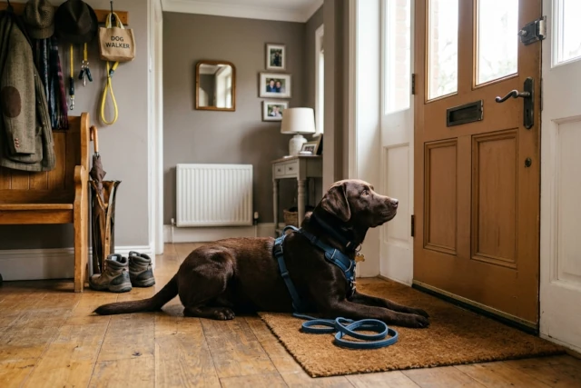 Dog waiting by the front door for their dog walker to arrive