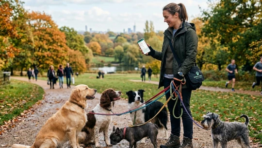 Dog walker checking their schedule on their phone while out walking dogs