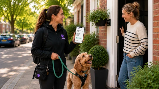 Dog walker collecting a dog for a group walk
