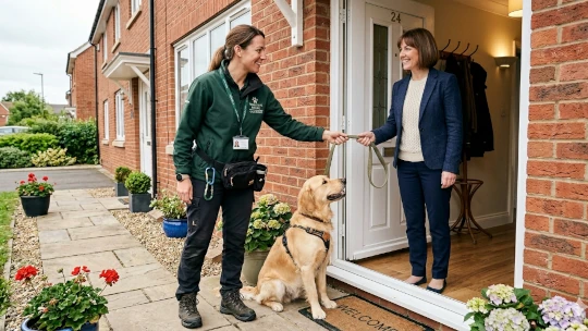 Professional dog walker dropping off a dog at a client's home