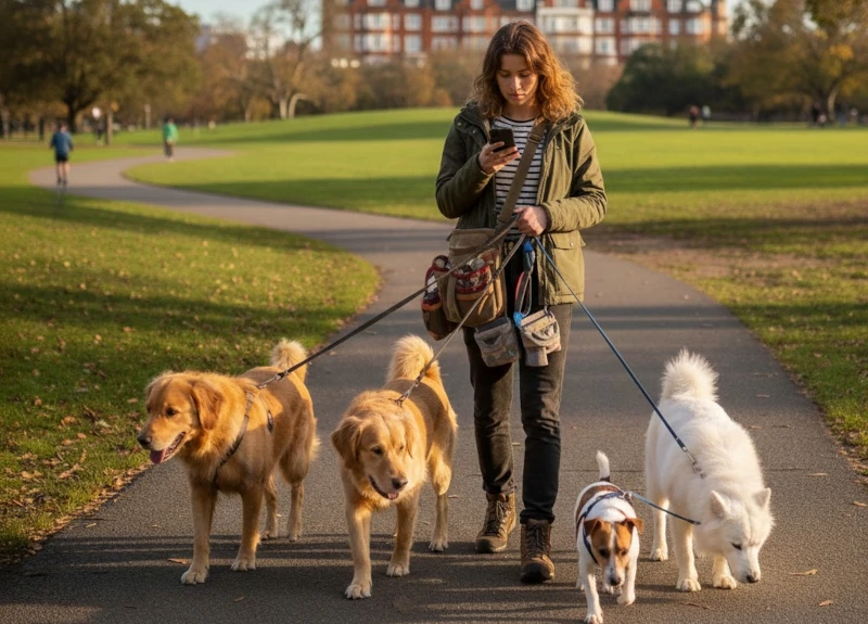 A dog walker walking dogs in the park whilst looking at their phone
