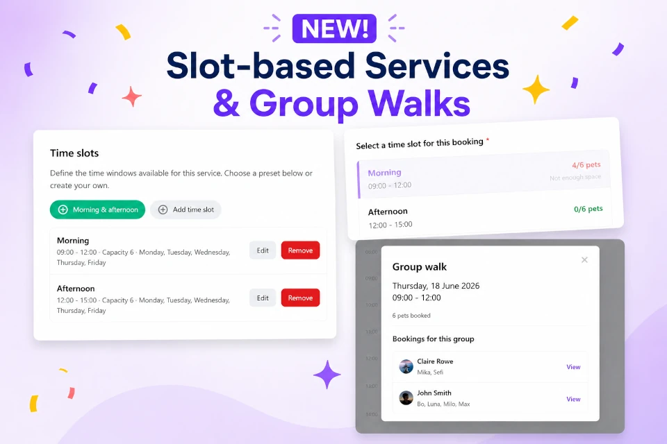 Collage of the new slot-based services and group walk management features in Leadr