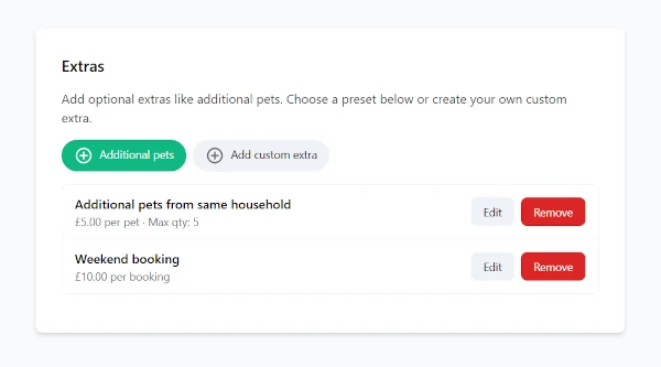 Screenshot showing how extras can be added to a service
