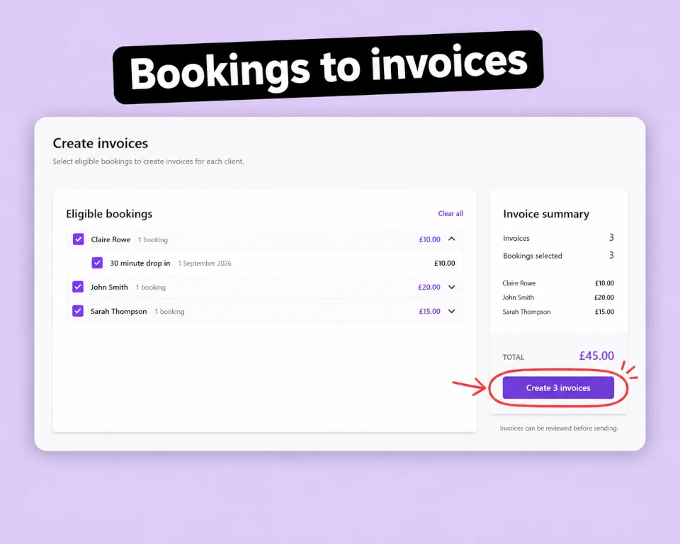 Screenshot showing the process of creating invoices directly from your bookings