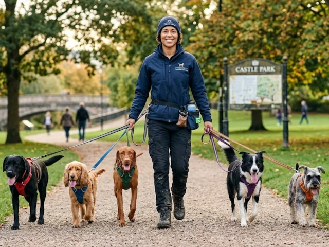 Successful dog walker walking dogs through a park