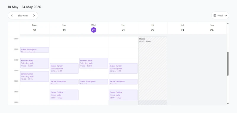 Screenshot of the Leadr dog walking schedule app showing a calendar view of dog walking bookings for the week
