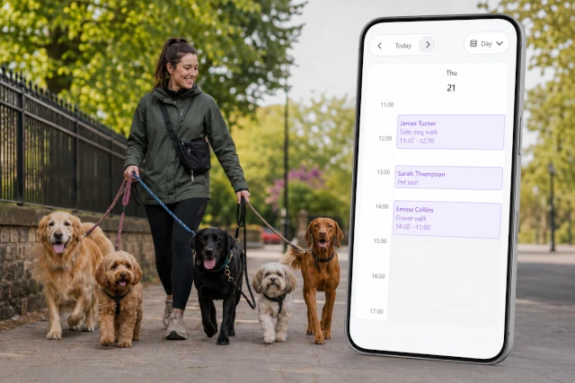 A dog walker walking multiple dogs in the park with an illustration of the Leadr dog walking schedule app on a mobile screen