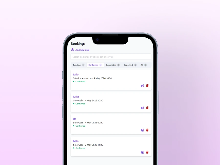 A Leadr screenshot showing bookings on a mobile screen