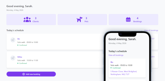 Screenshot of the Leadr dog walking software dashboard