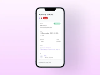 Leadr booking detail screen showing solo walk, date and time, client and pricing