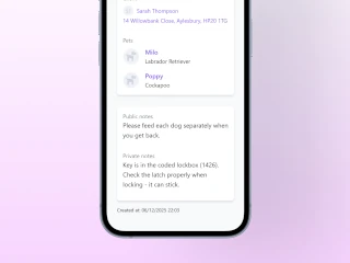 Booking detail screen showing public and private notes for a booking