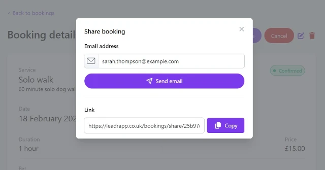 Leadr screen showing how to share a booking by email or link