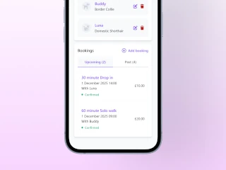 Client detail screen showing a list of upcoming and past bookings with dates, durations and prices