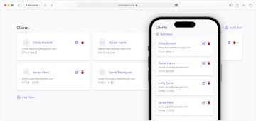 Leadr clients listing and mobile view showing overview of client profiles and key details