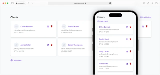 Screenshot of Leadr's client management dashboard showing organised client profiles