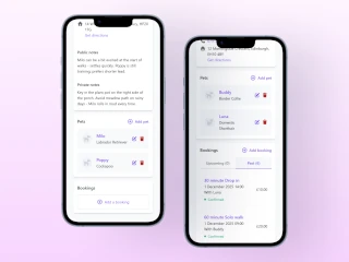 Client profile screen listing all their pets and bookings