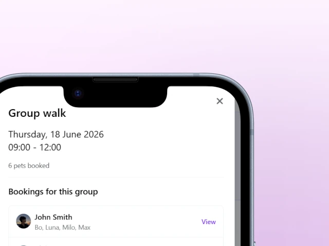 Leadr group walks screen showing multiple dogs and shared time slots