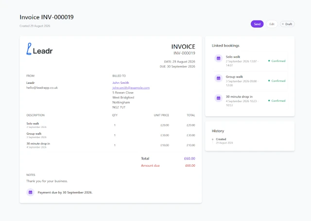 Screenshot showing Leadr's invoice detail and preview screen