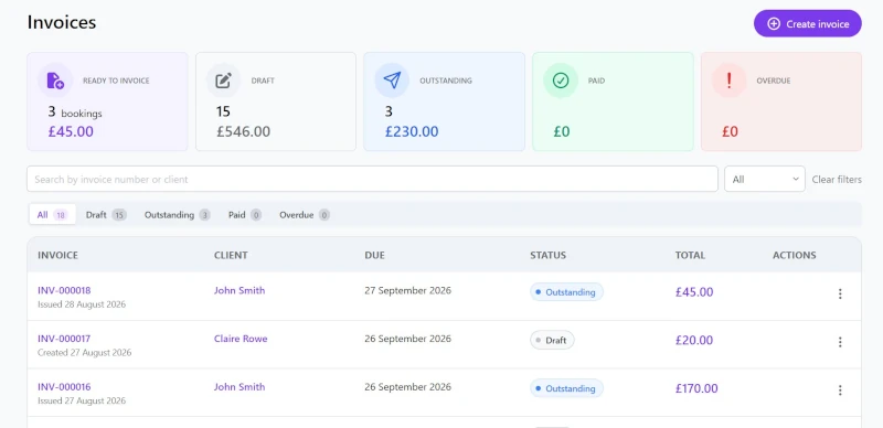 Screenshot of invoice listing screen in Leadr