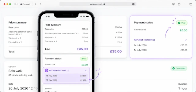 Illustration showing Leadr's payment status and payment history