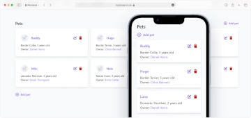 Leadr pets listing and mobile view showing overview of pet profiles and key pet information