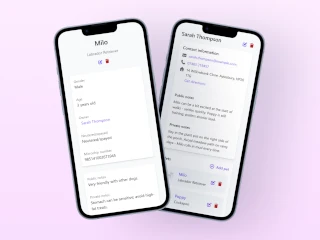 Leadr pet and client detail screens showing links between pet and owner
