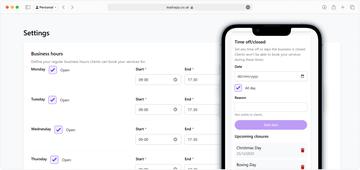 Leadr settings screen showing business hours and time-off