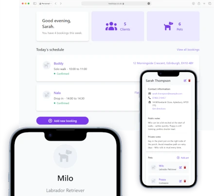 Leadr dashboard and mobile view showing schedule and client details